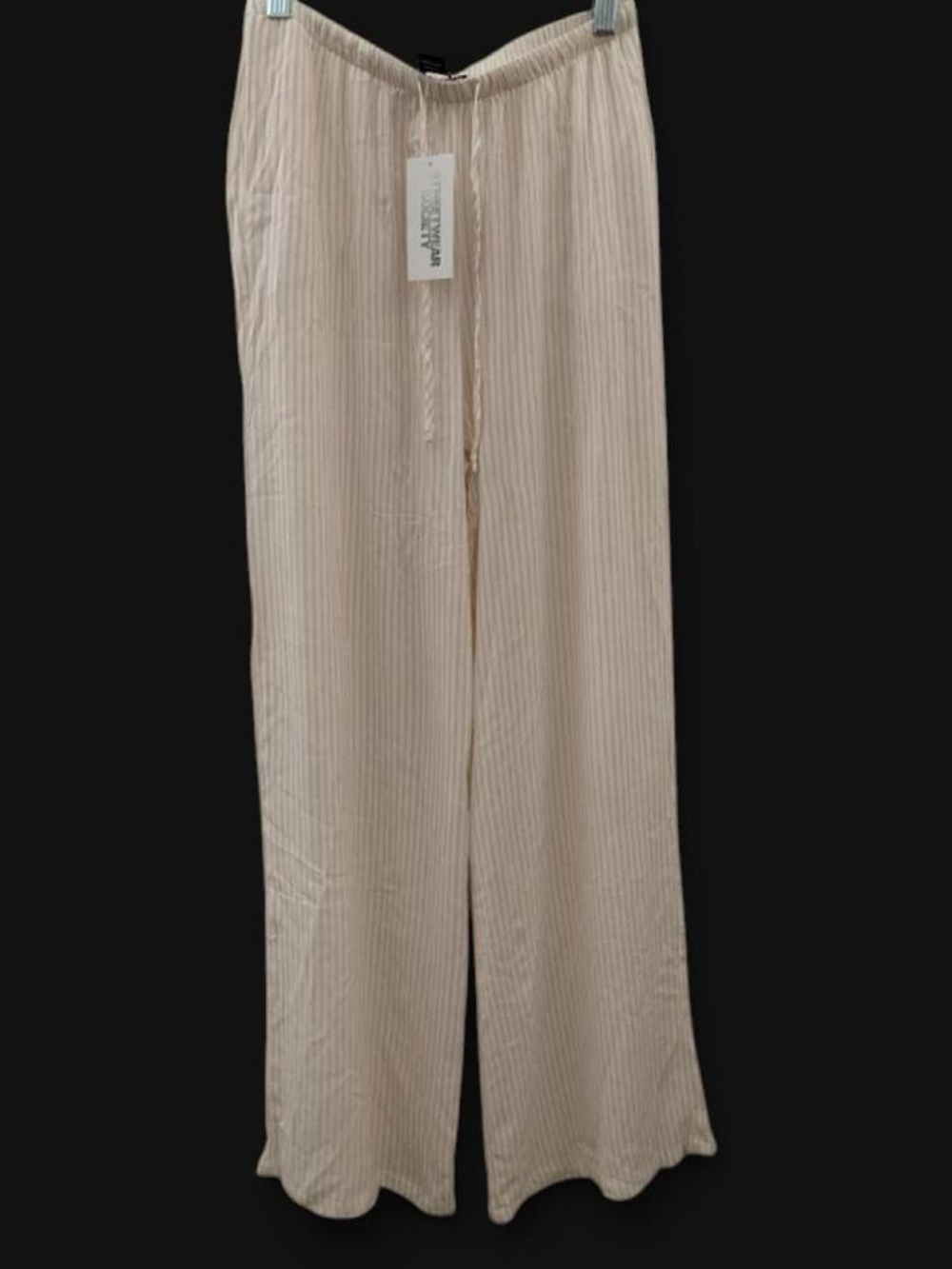 Striped Wide Leg Pants Cream Beige Boho Coastal Grandma Size S Drawstring